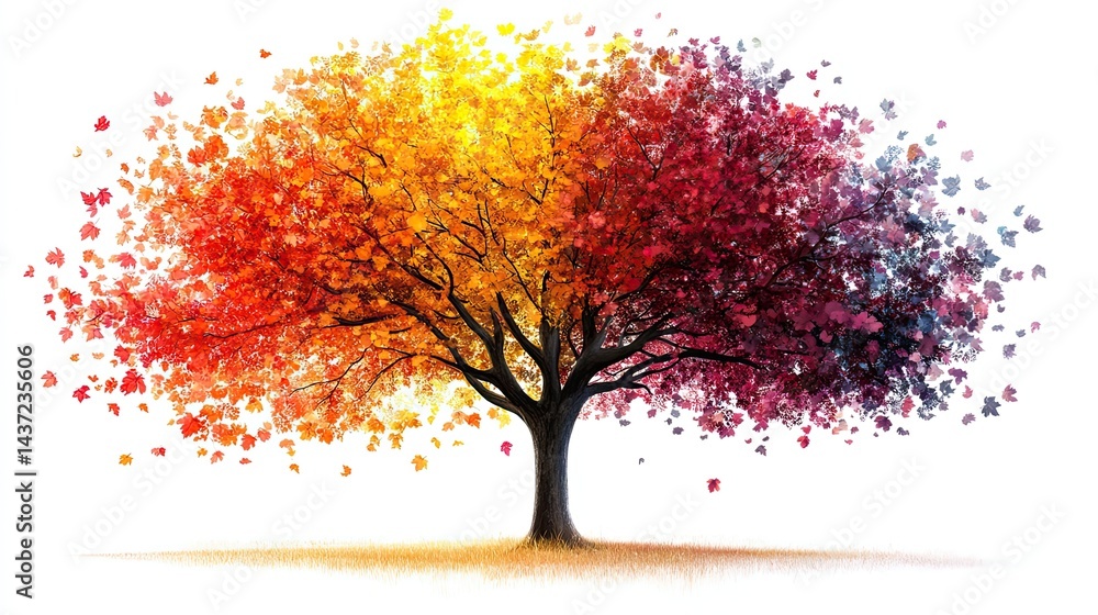 Poster artistic representation of a tree with colorful leaves transitioning from red to yellow