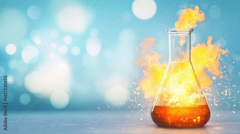 Poster a laboratory flask filled with vibrant liquid emits flames and sparks, creating a striking visual ef