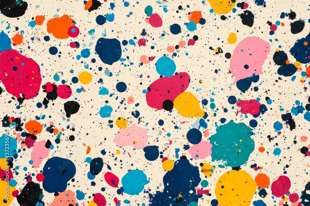 Poster vibrant ink splatter on a light background creates an energetic abstract pattern. dynamic pastel and