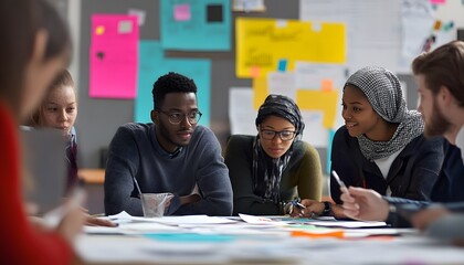Diverse group of young adults collaborating around a table.