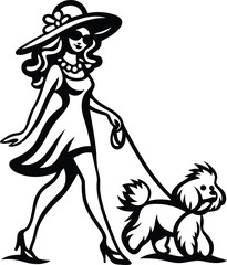 A cute woman walking a dog isolated line art vector illustration, woman walking a dog silhouette vector art