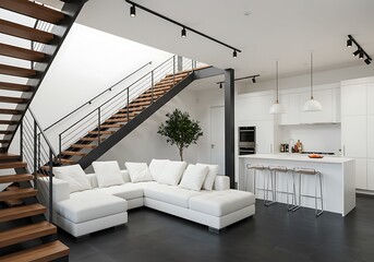Naklejka premium Interior view of a modern living space with staircase and kitchen area in a bright and airy design