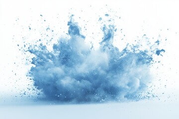 Explosive blue powder burst captured in high-speed detail. The cloud-like formation, suspended in mid-air, creates a dynamic abstract visual with energy, motion, and texture against a clean white
