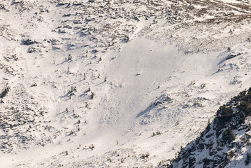 Mountain landscape in Poland. Babia Gora peak covered in winter snow. Babia Góra National Park.