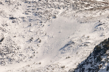 Mountain landscape in Poland. Babia Gora peak covered in winter snow. Babia Góra National Park.