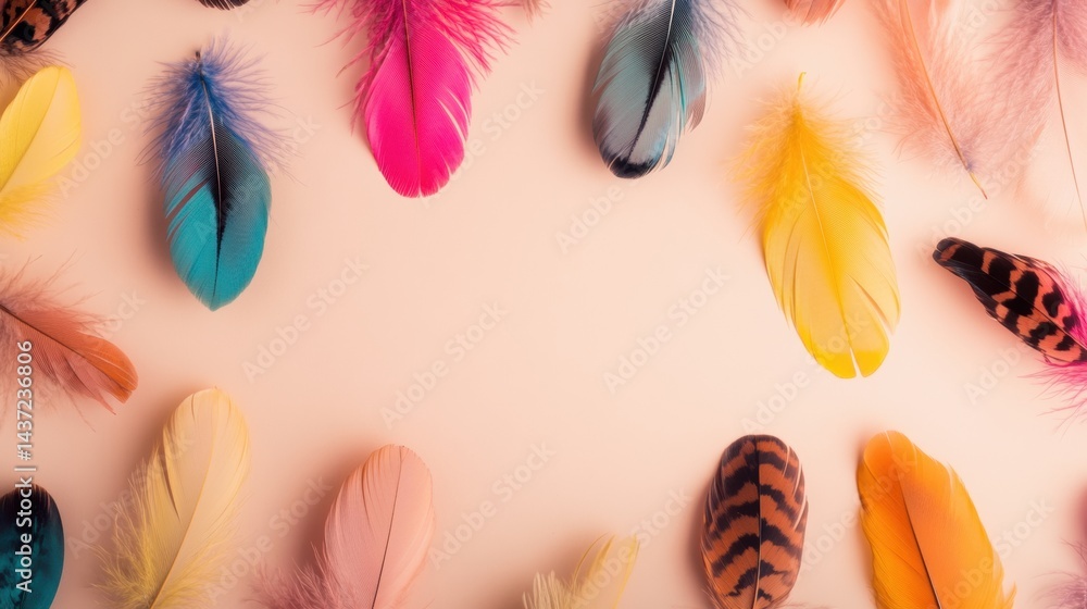 Aufkleber a variety of vibrant feathers in different colors and patterns are spread out, creating a visually a