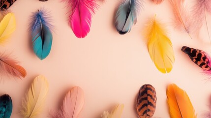 Obraz premium A variety of vibrant feathers in different colors and patterns are spread out, creating a visually appealing arrangement for crafts