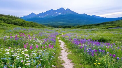 Obraz premium Mountain meadow trail, wildflowers