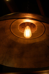 Hanging Edison light bulb, also known as filament light bulb. with metal shade