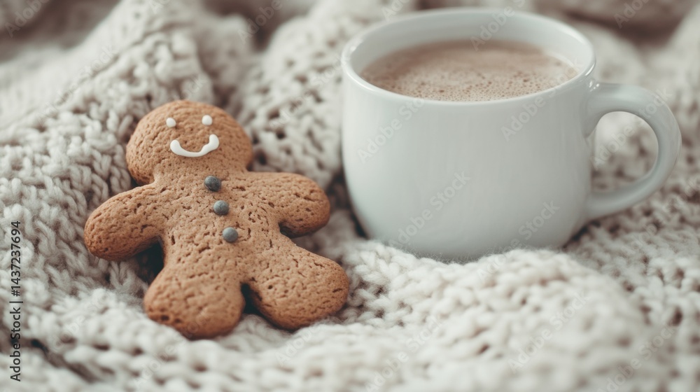 Poster gingerbread cookie with a smiling face rests next to a steaming cup of hot cocoa on a knitted blanke