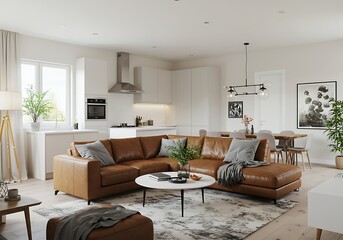Fototapeta premium A bright and airy living room featuring a brown leather sectional sofa and a modern open floor plan design