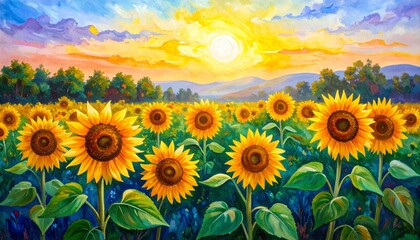 Obraz premium Illustration de paysage de champ de tournesol