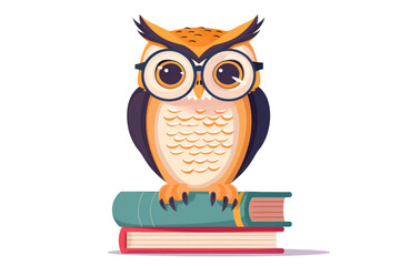 Obraz premium Adorable cartoon owl with glasses sitting on stacked colorful books, cute and educational bird character for learning, reading, studying, and knowledge themes