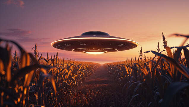 A glowing ufo hovers over a cornfield as the sun sets, casting a warm light across the scene.