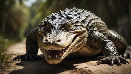 Obraz premium Alligator Crossing Dirt Road in Wild Habitat