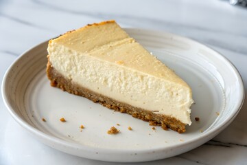 A clean slice of cheesecake on a white plate, simple composition.