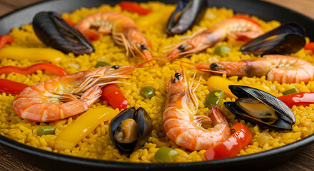 High-detail macro of a Spanish paella with saffron rice, shrimp, mussels, and colorful peppers, vibrant and rustic style