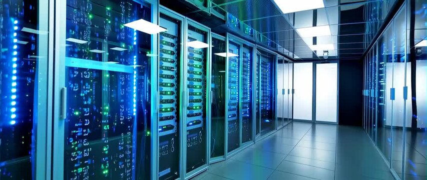 Anamorphic video Digital information flows through the network and data servers behind glass panels in the server room of data center or Internet service provider
