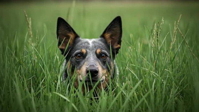 Dog peeking through tall grass in a serene outdoor setting with soft sunlight illuminating the scene - queen heeler