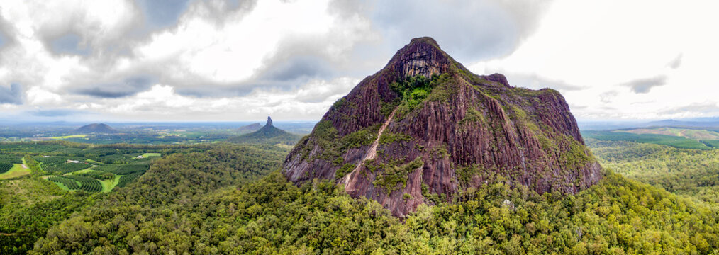 Aerial panoramic image of Mount Beerwah and other Glasshouse Mountains on the Sunshine Coast, QLD