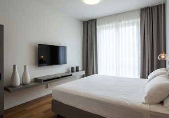 Fototapeta premium Bedroom interior with bed tv vases and curtains in a minimalist design style and soft natural light