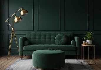 A luxurious green living room with a velvet couch ottoman lamp and a small table with a plant