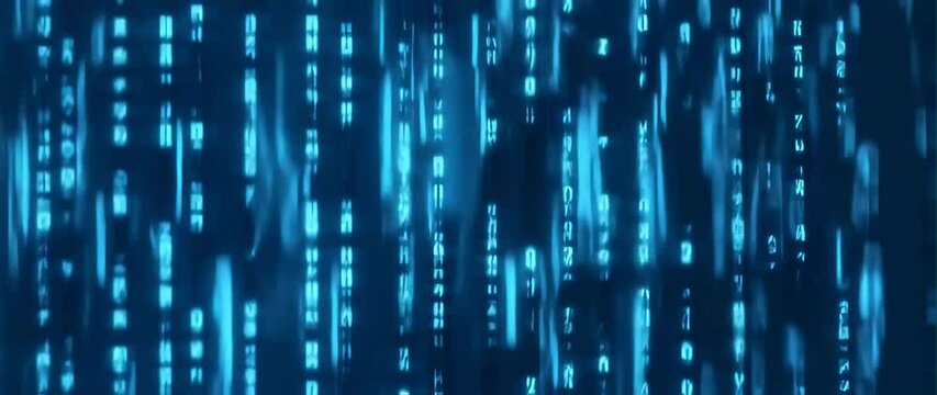 Anamorphic video Strings fall from top to bottom in data matrix created in cyberspace with blue glow