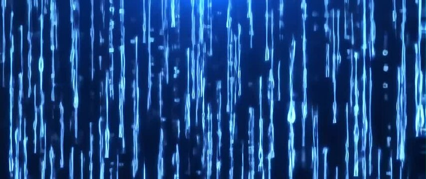 Anamorphic video Strings fall from top to bottom in data matrix created in cyberspace with blue glow