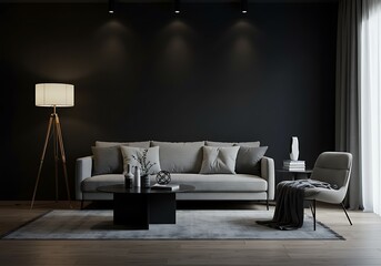 A modern living room with gray sofa black wall and lamp creating a stylish and cozy atmosphere look