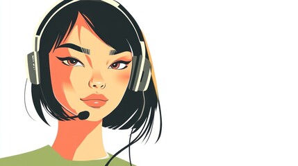 Woman, headset, customer service, communication, support, illustration, white background