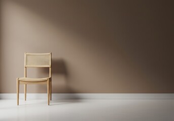 A simple light wooden chair with a woven backrest against a plain brown wall in a minimalist style room