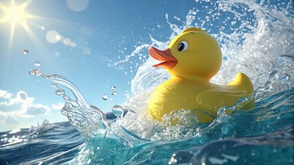 A cheerful yellow rubber ducky joyfully riding ocean waves under a bright sunny sky splashing in crystal clear water with a vibrant sunny backdrop