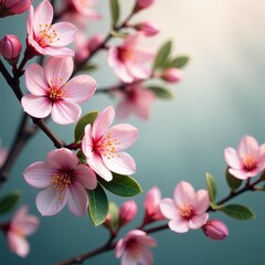 Fototapeta premium Close-up of delicate pink blooms and green eucalyptus branches in abstract art, green leaves, close-up, delicate