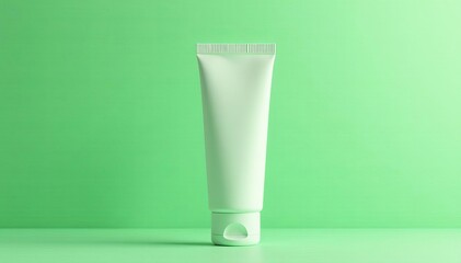 Close-up of empty tube for skincare product on soft green backdrop, blank, hygiene, elegance