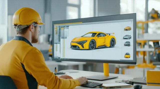 Car Design Engineer at Work: A focused car designer meticulously works on a vibrant, high-performance vehicle design, using advanced computer-aided design (CAD) software on a large monitor.