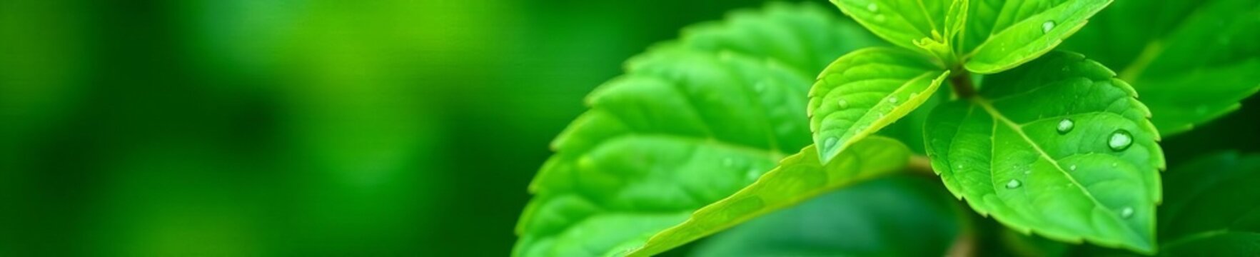 Close up of green tulasi leaves with water droplets, sacred Hindu tree, leaves, close up, green