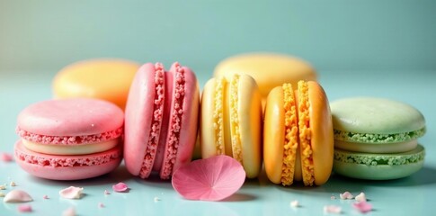 Colorful and appetizing macaroon assortment featuring a variety of fruity pastel flavors for a delightful snack experience, assortment, colorful, flavor