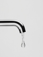 Minimalist chrome faucet with suspended water drop &ndash; concept of water saving and modern design