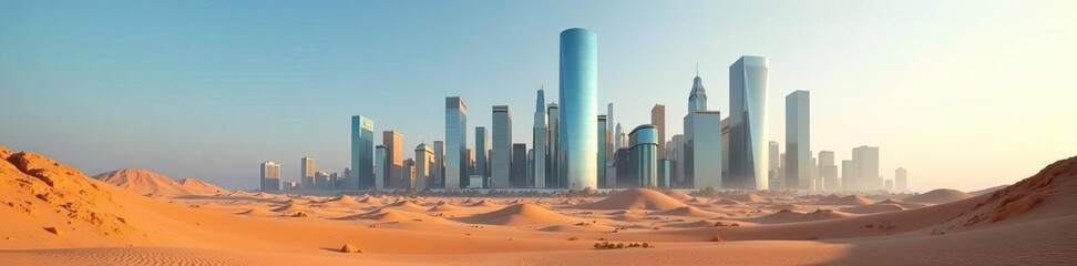 Panoramic view of modern glass high-rise buildings in arid desert setting, buildings, view, desert