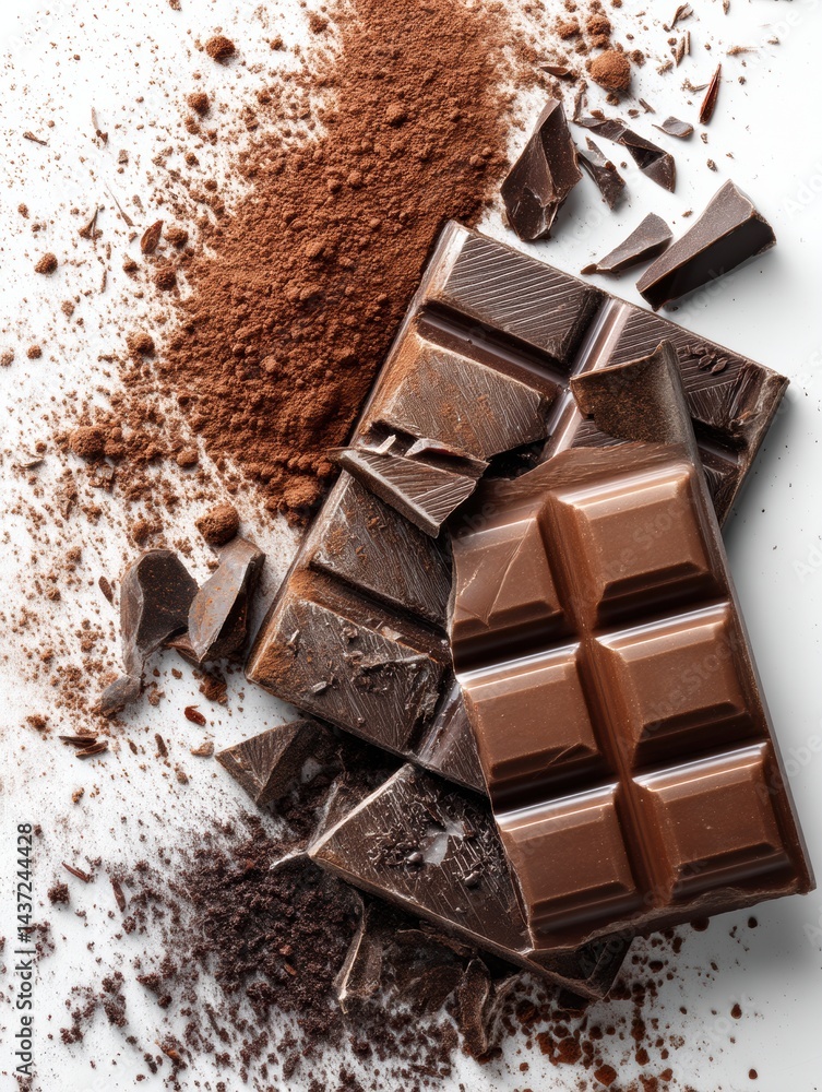 Poster Broken Chocolate Bar and Cocoa Powder Create a Delightful Flatlay on a Bright White Surface
