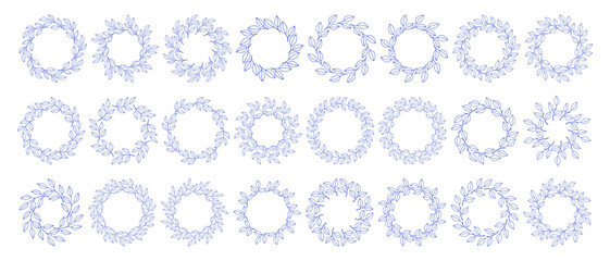 Mediterranean blue branches circle frame big set. Hand drawn round line border, leaves and flowers, wedding invitation and cards, logo design and posters template. Elegant minimal style floral set