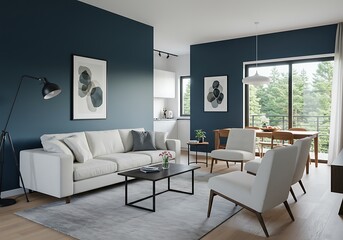 Fototapeta premium Living room with blue walls white sofa chairs and table with art and a view of trees outside