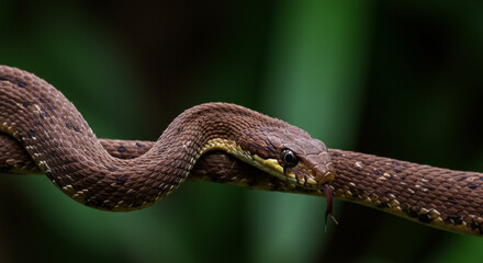 Brown Snake Moving Across Branch with Tongue Out in Nature