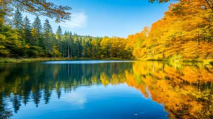 Autumn serenity reflecting in the pristine lake surrounded by golden foliage