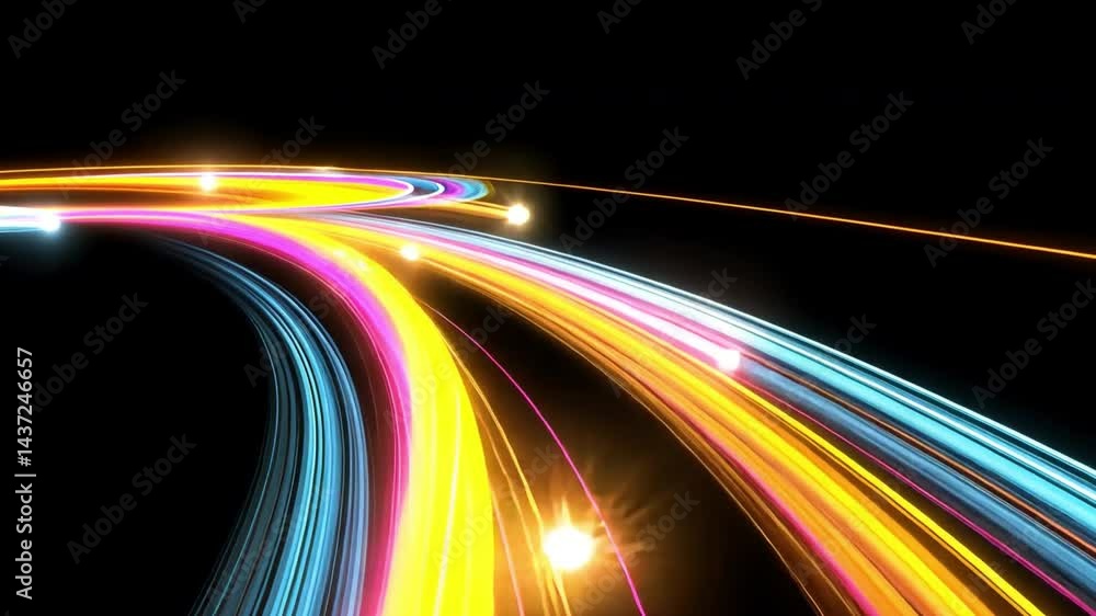 Poster dynamic and vibrant light trails in bright colors create abstract visual effect, illuminating motion