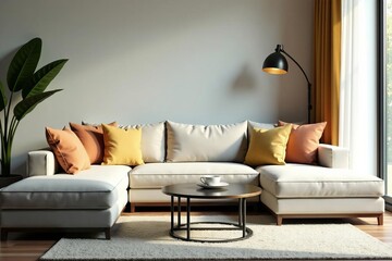 Relaxing corner sofa with throw pillows and glass coffee table, relaxation, cushion, comfortable