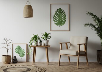 Interior design of a living room with plants, art, chair, and a jute rug against a white wall