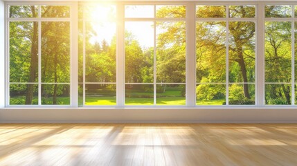 Tinted glass window panels filtering bright sunlight in a contemporary room