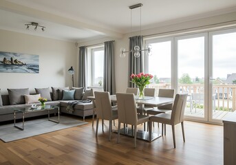 Fototapeta premium A living room with a gray sofa a dining table and a painting on the wall in a modern apartment