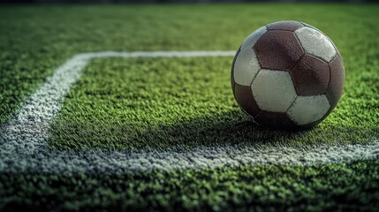A close-up of a soccer ball sitting on the penalty spot the white chalk clearly visible against the green turf sharp